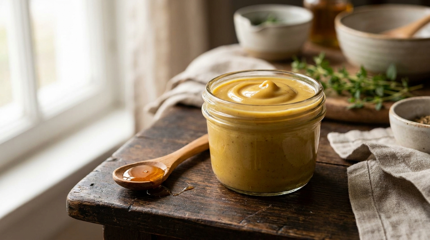 Domaći honey mustard sos od meda, senfa i majoneza u tegli, sa kašikom meda